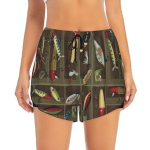 Vissen lokken stijl print vrouwen atletische zweet korte zomer dubbellaags casual workout shorts met voering, Zwart, S