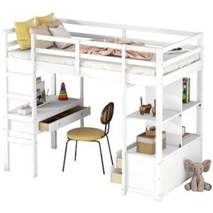LUNEX HOME Hoogslaper 90/140x200 cm met opbergladen, bureau onder het bed en valbescherming, wit (wit, 90 x 200 cm)