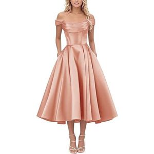 KIYNE Thee Lengte Satijn Prom Jurken Voor Vrouwen Off Shoulder Homecoming Jurk Corset A-lijn Formele Feestjurk, Roségoud, 32
