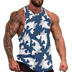 Haai met bril print heren tanktop grafische mouwloze bodybuilding T-shirts casual strand T-shirt grappig gym spier