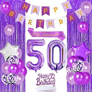 Paarse 50e verjaardag versieringen voor vrouwen 50 en fantastische verjaardagsfeestartikelen met Happy Birthday Banner Paars nummer 50 ster folie ballonnen Happy 50e verjaardag taart Topper klatergoud gordijn