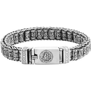 Mode Retro Armband, Zilveren Handgemaakte Passepartout Transfer Kralen Mannen Vrouwen Armband Vintage Boeddhistische Zes-karakter Mantra Draaiende Cilinder Ketting (Color : Silver_20 22cm)