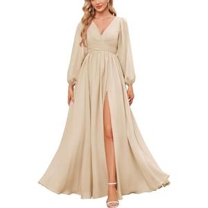KURFACE Bruidsmeisjesjurken met lange mouwen en split geplooide chiffon formele jurk met mouwen formele jurk, Champagne, 32