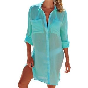 Figarge Strandjurk dames bikini cover-up zomer pareos zomerjurk dames strand bedekking shirt button-down strandponcho lange blouse zomer badpak V-hals jurk badmode, lichtgroen, Eén maat