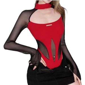 Goth Dark Sheer Mesh Patchwork Cyber ​​Y2K Bodysuits Hollow Out Moto Biker T-Shirts Women Gothic Punk Long Sleeve Bodysuit,rood,S