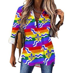 St. Louis Gay Pride Vlag Dames Button Down Shirts Lange Mouw Jurk Shirt V-hals Blouses Tops