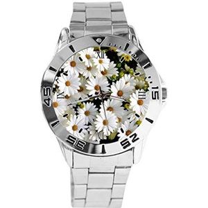 Wit Daisy Design Analoge Polshorloge Quartz Zilveren Wijzerplaat Klassieke Roestvrij Stalen Band Dames Heren Horloge