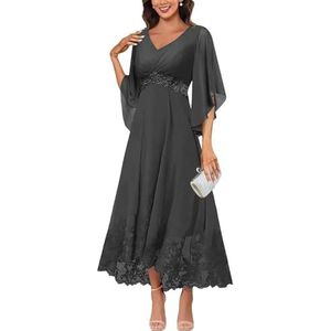KURFACE Jurken voor dames, V-hals, moeder van de bruid met mouwen, kanten applicatie, chiffon, formele avondjurk, Zwart, 32