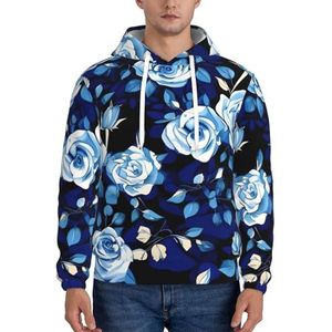 Evengigy Blauw Bloempatroon Rozen Print Heren Fleece Hooded Hoodie Met Pocket Outfits Grappige Hooded Sweatshirt Trui, Zwart, XS