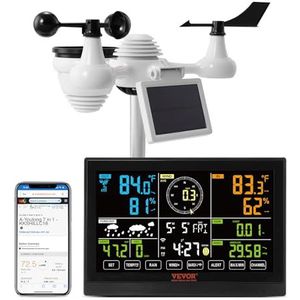 VEVOR Professioneel WLAN Weerstation 7-in-1 Weercentrum op zonne-energie 7,5-inch display 150m zendbereik Buitensensor voor windsnelheid Windrichting Temperatuur Vochtigheid Neerslag