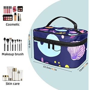 Blue Iterms make-up tas voor vrouwen meisjes cosmetische tassen met handvat reizen make-up organizer tas, Cartoon Zee Wereld, 8.9x5.9x5.4 Inches, Make-up zakje