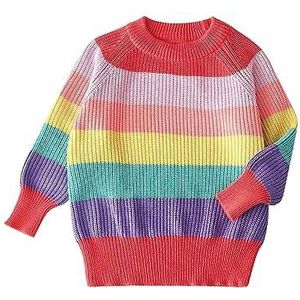 Gebreide trui voor jongens met regenboog kleurblok, warme herfst winterkleding ronde hals lange mouwen trui gebreide bolerojas herfst winter overgangsjassen schattige sweater kinderen trui, roze, 80