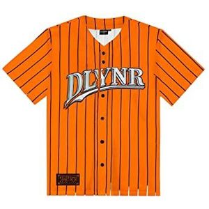 Dolly Noire Catcher Baseball overhemd met korte mouwen, V-hals, knoopsluiting voor, strepenpatroon, borduurwerk, contrasterende details, kleur oranje, Oranje, M