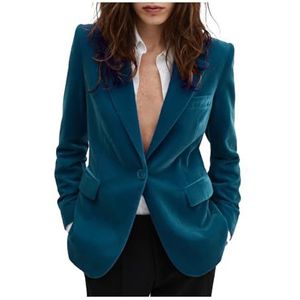 Fluwelen blazer voor dames, slim fit, pak met één knop, warme blazer voor winter, bruiloft, bal, warme damesblazer, Turkoois, XS