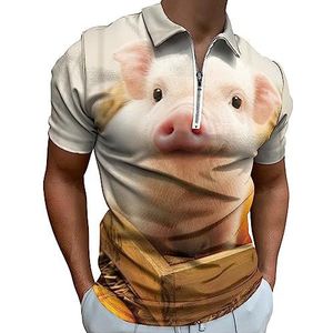 Piggy met pompoen poloshirt voor heren, casual T-shirts met ritssluiting en kraag, golftops, slim fit