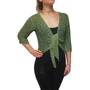 Dames popcorn stijl gehaakte effen stretch visnet stropdas in taille bolero schouders open vest, Sage Groen, Eén Maat