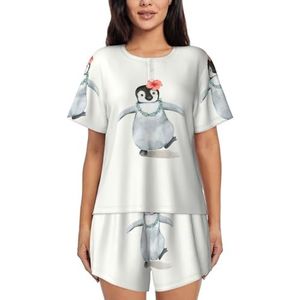 RIVETECH Pinguïn Dragen Bloemen Print Vrouwen Korte Mouwen Pyjama Set Pyjama Lounge Set Met Zakken,, Zwart, M