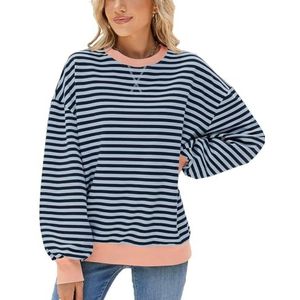 YOMACY Dames oversized gestreept sweatshirt dames truien ronde hals lange mouwen sweatshirts dames oversized gestreepte lange mouw trui, H, 3XL