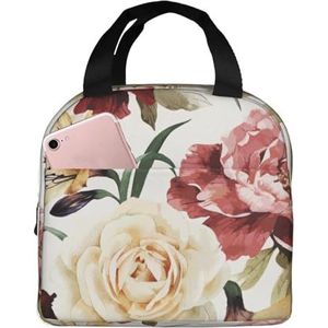 SUHNGE Roze bloemen en rozen print licht duurzaam warm houden geïsoleerde lunchbox voor vrouwen en mannen, draagtas voor kantoorwerk