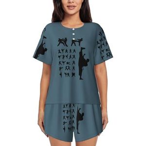 JIAWUJYNB Silhouetten van vechtsporten print dames pyjama met korte mouwen - comfortabele korte sets, mouwen nachtkleding met zakken, Zwart, XL