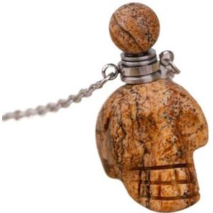 Gemstone Skull Head Perfume Bottle Pendant For Women Hand Carved Crystal Skull Figurine Essential Oil Necklace Gift (Color : Gold_Picture Jasper)