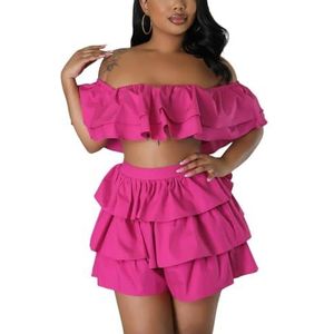 Tweedelige Zomeroutfits Voor Dames, Sexy Off Shoulder Ruches Crop Top En Elastische Taille Losse Korte Broek Vakantieset (Color : Rose red, Size : M)