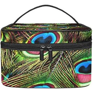 Groene pauwenveren make-up organizer tas, reismake-up tas organizer case draagbare cosmetische tas voor vrouwen en meisjes toiletartikelen, Meerkleurig, 22.5x15x13.8cm/8.9x5.9x5.4in