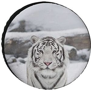 Witte tijger in de sneeuw, grappige reservebandhoes, weerbestendige wielbeschermers, campingdecoratie voor de meeste voertuigen