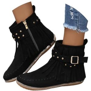 Enkellaarsjes Met Franjes Met Klinknagels Dames Retro Western Cowboylaarzen Herfst Winter Suède Enkellaarsjes Met Gesp Vrije Tijd Platte Enkelschoenen for Buiten(Black,39 EU)