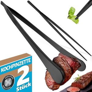 Menz Kookpincet set - 2 stuks zwarte kooktpincet roestvrij staal, pincet keuken 30 cm, ronde grillpincet voor koken en braden + puntige keukenpincet om te decoreren