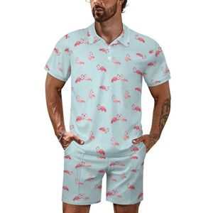 Leuke roze flamingo heren poloshirt set korte mouwen trainingspak set casual strand shirts shorts outfit 3XL