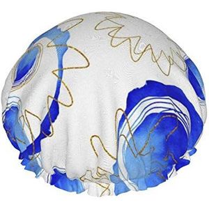 Douchemuts, geometrisch patroon met abstracte blauwe vlekken en cirkels dubbele waterdichte badmuts, elastische herbruikbare douchemuts, badmutsen slaapmutsje