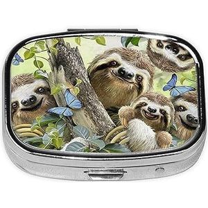 Mini vierkante pillendoos, medicijnorganizer, luiaard-familie, draagbare EHBO-doos, reispillendoos met 2 vakken, kleine pillendoos voor zak of portemonnee