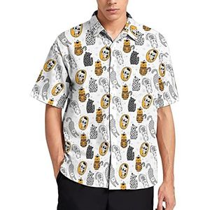 Kinderachtig shirt met katten print voor heren, regular fit T-shirts met korte mouwen, Hawaiiaanse tops met knopen, XL