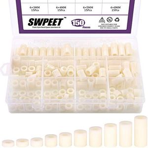 Swpeet 150Pcs Nylon Round Spacer Standoff Screw Assortiment Kit, Nylon PA66 Plastic Standoff OD11mm en ID6.2mm, Lengtes 3-25mm voor M6 Screws Prototyping