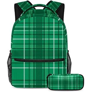 Groene geruite patroon rugzak met etui, 2 stuks Kid Schooltas Set voor Jongens Meisjes Tieners, Travel Book Bag voor Studenten, Meerkleurig, B：29.4x20x40cm P：19x7.5x3.8cm, Rugzakken