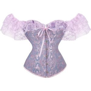 Cazqgoy Dames korset bustiers sexy kanten korset top vintage bustier korset veterkorset shapewear, korset top met mouwen off-shoulder bustier tank overlay lace, Pastelviolet, L