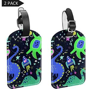 PU Lederen Bagage Tags met dinosaurussen Leuke Jurassic in Space Print Naam ID Labels voor Reistas Bagage Koffer met Terug Privacy Cover 2 Pack