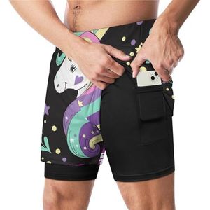 Leuke Eenhoornprint Grappige Zwembroek met Compressie Liner & Pocket Voor Mannen Board Zwemmen Sport Shorts