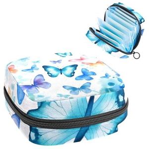 MUOOUM Aquarel Blauwe Vlinders Silhouet Maandverband Opbergtas Menstruatie Pad Tas Draagbare Menstruatie Cup Pouch met Rits voor Tiener Meisjes Vrouwen Dames