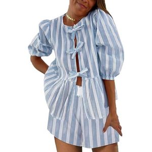 Vrouwen Tie Front Tops Puff Sleeve Babydoll Shirts Y2K Leuke Ruffle Peplum Uitgaan Top Blouse Trendy Kleding (Color : Blue stripes D, Size : Medium)