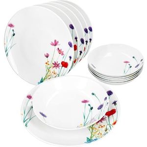 MamboCat Marie 12-delig tafelservies, porseleinen servies met bloemenweide-decoratie voor 6 personen, 6 x soepborden en 6 x platte borden voor ontbijt, lunch en avondbrood