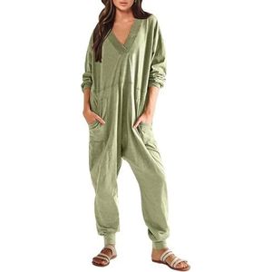 Haibang Jumpsuit met lange mouwen voor dames, V-hals, casual, oversized, jumpsuit, losse pasvorm, comfortabele eendelige en lounge-romper, eendelige pyjama, outfits met zakken, Lichtgroen., S