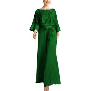 Custom Made Moeder Van De Bruid Broek Suits Lange Mouw Kant Chiffon Formele Outfit Plus Size Bruiloft Avond Broek Suits, Emerald, 2