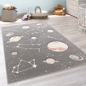 Kindervloerkleed, Speelvloerkleed Met Planeten En Sterren, Voor Kinderkamers In Grijs, Maat:200x290 cm