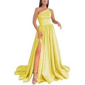 HPPEE Satijnen baljurken met één schouder en split zonder mouwen, lange baljurk korset, formele feestjurk, Geel, 32