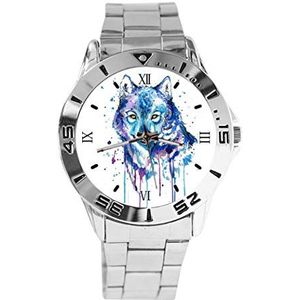 Aquarel Wolf Print Ontwerp Analoog Polshorloge Quartz Zilveren Wijzerplaat Klassieke Roestvrij Stalen Band Dames Heren Horloge