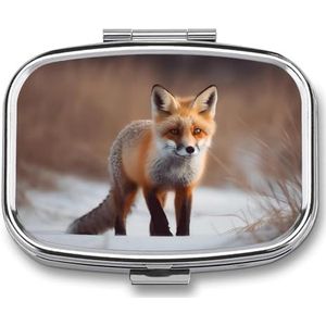 Pillendoos met spiegel 2 compartimenten schattige vos pillenhoes voor portemonnee zak wekelijkse pillenorganisator reizen medicijnkoffer draagbare pillenhouder voor dagelijks gebruik