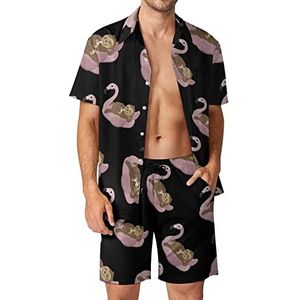 Chilling Luiaard op Flamingo Float Hawaiiaanse sets voor mannen Button Down Korte Mouw Trainingspak Strand Outfits L