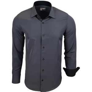 Subliminal Mode: Gemakkelijk te strijken herenoverhemd, met tweekleurige kraag, effen, lange mouwen, smalle pasvorm, zakelijk, cadeau-idee, Kerstmis, valentijnsdag, RN44, Antraciet, 5XL
